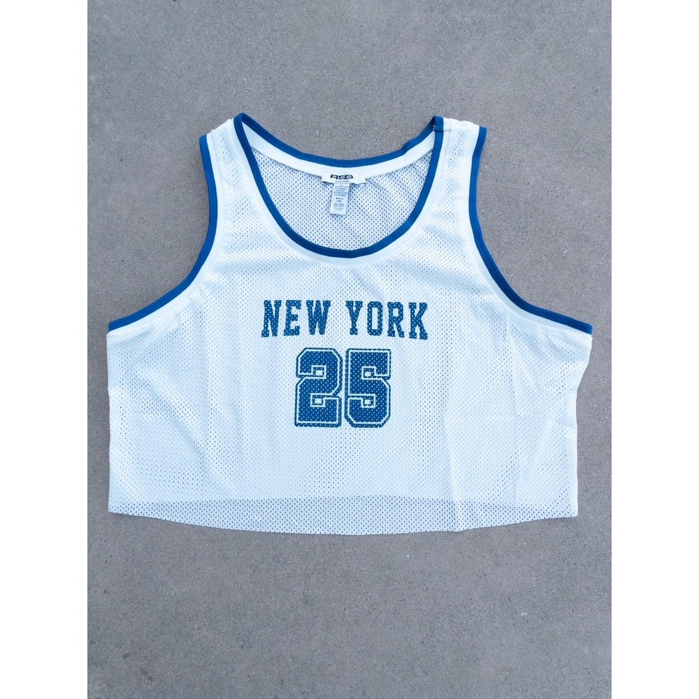 Rsq‎ New York 25 Cropped Mesh Tank Top Sleeveless Jersey Blue Trim XL